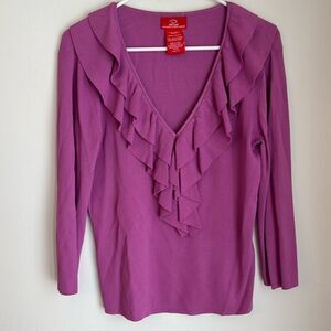 Oscar De La Renta Women blouse ruffle romantic pink ribbed 3/4 sleeve knit MED